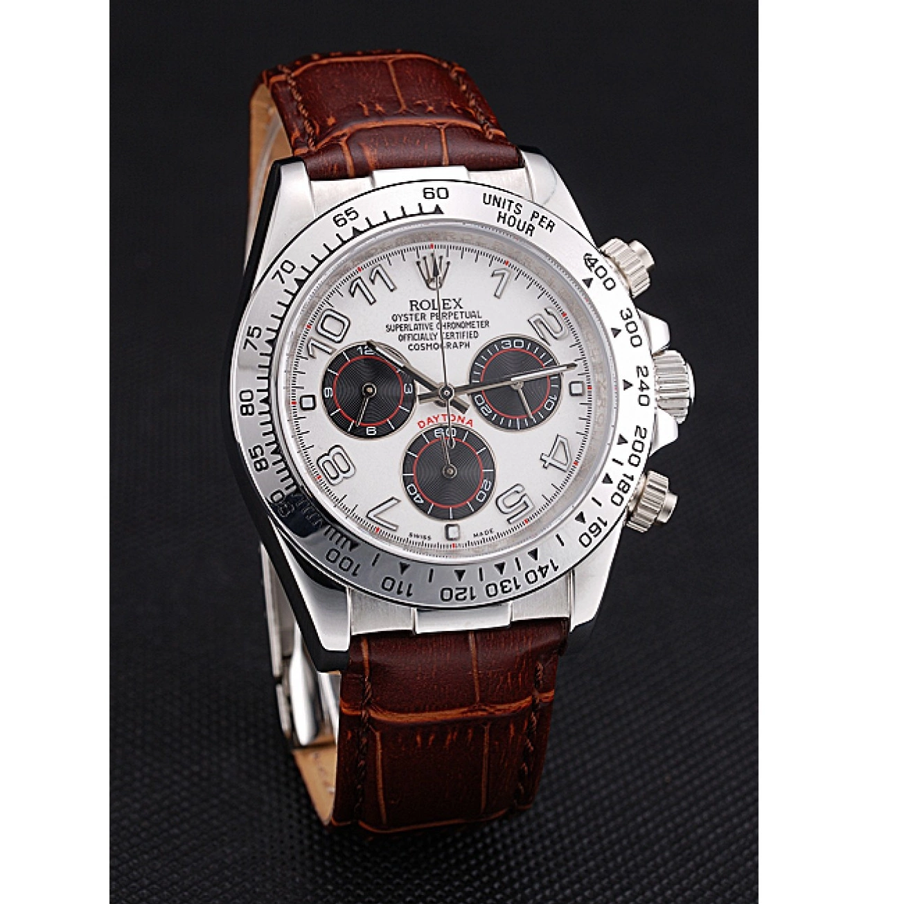 Aaa fake watches Stainless Steel Daytona Brown Dial Leather Rolex Case White Strap 0520